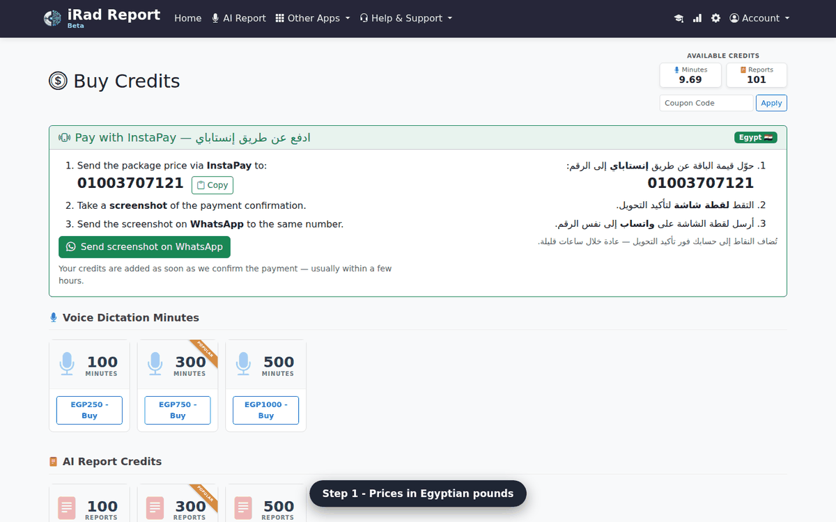 Buying credits with InstaPay in Egypt