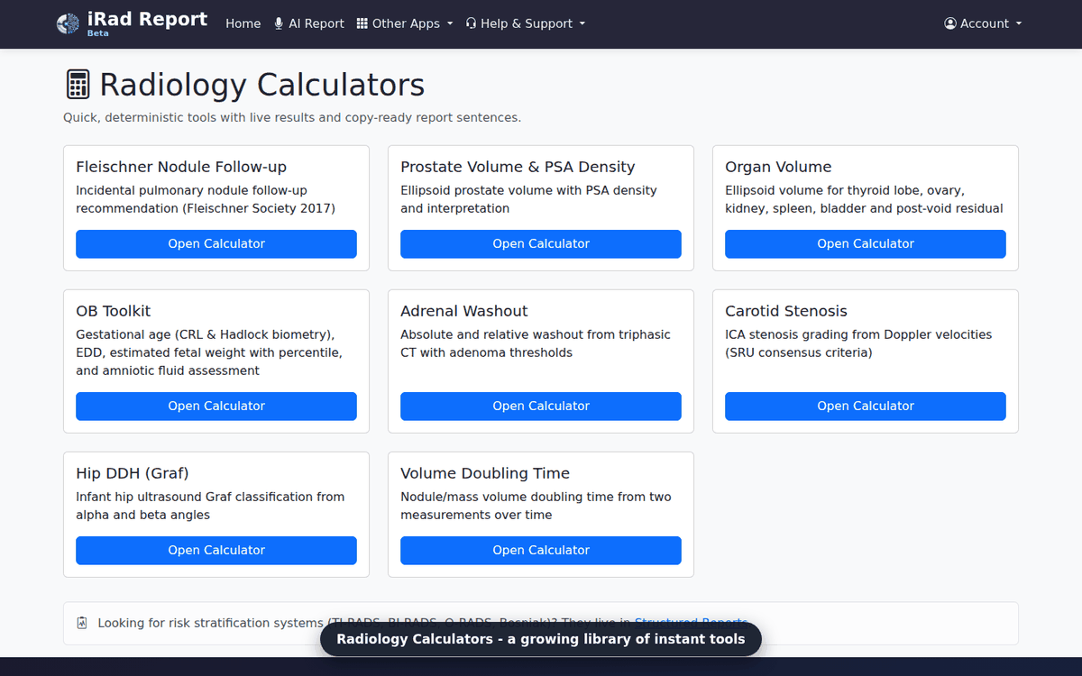 Radiology calculators and RADS classifiers
